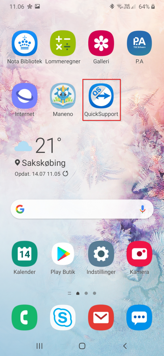 Skærmbillede der viser placeringen af appen QuickSupport