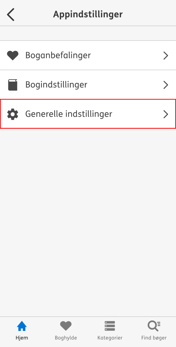 Skærmbillede som viser siden Appindstillinger hvor knappen Generelle indstillinger er markeret