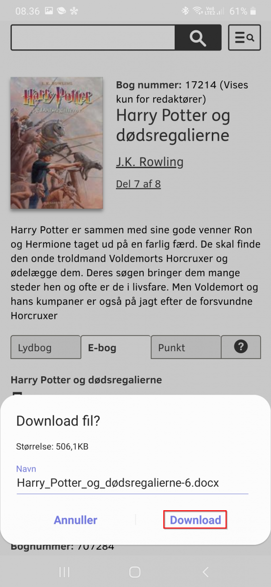 Skærmbillede der viser boks med indhold omkring hvorvidt man ønsker at downloade den valgte bog