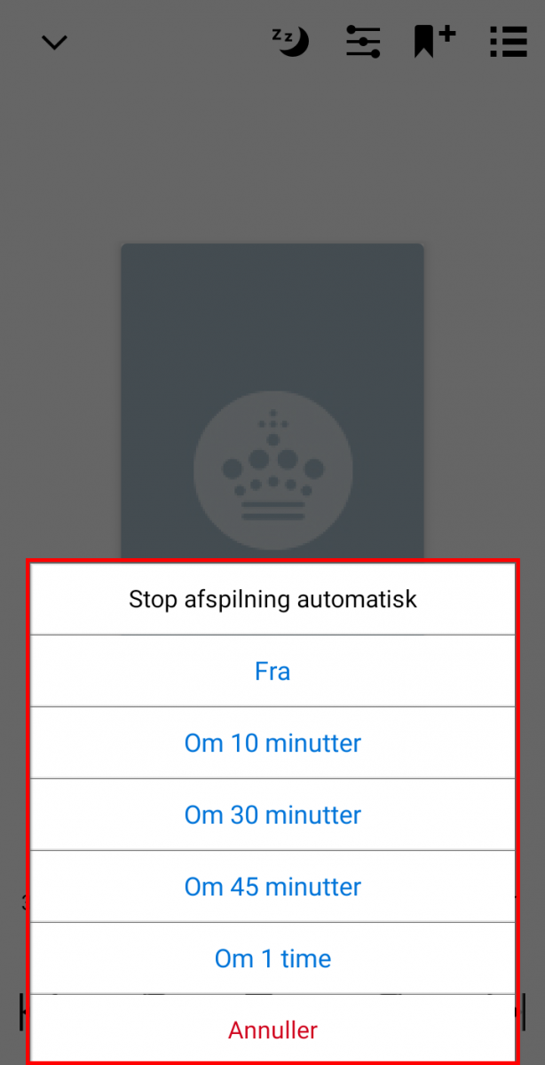 Skærmbillede der viser mulighederne ved Stop afspilning automatisk