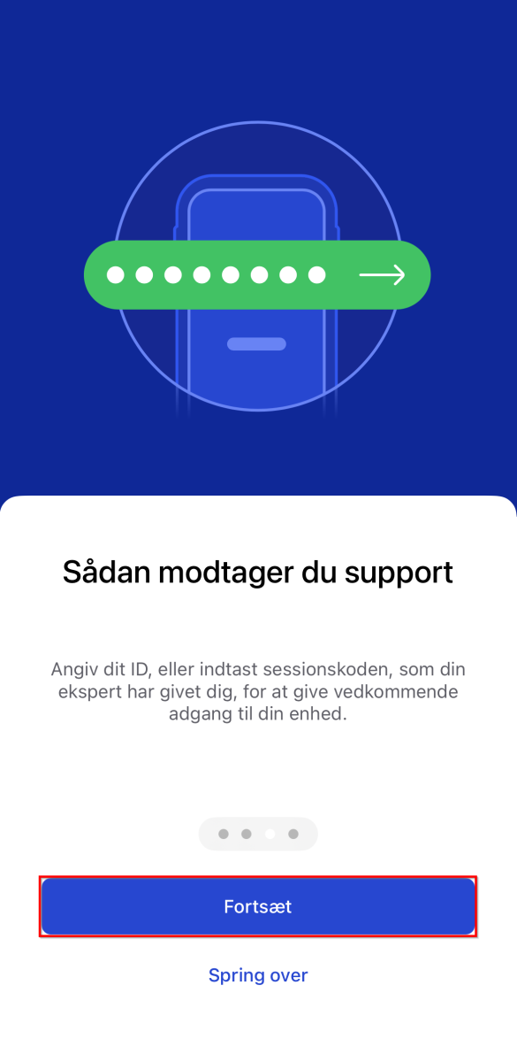 Siden til fjernsupport med ID eller sessionskode samt knapperne "Fortsæt" og "Spring over".