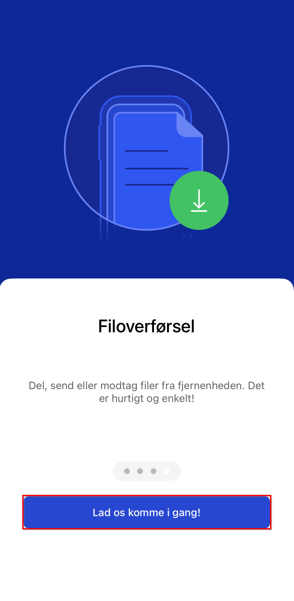 Introduktionsskærm om filoverførsel med illustration af et dokument og en downloadpil samt knappen "Lad os komme i gang!"