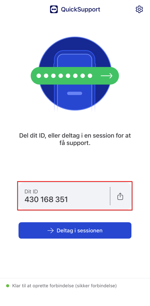 QuickSupport-skærm til fjernsupport med illustration af en mobilenhed. Brugerens ID vises i et markeret felt
