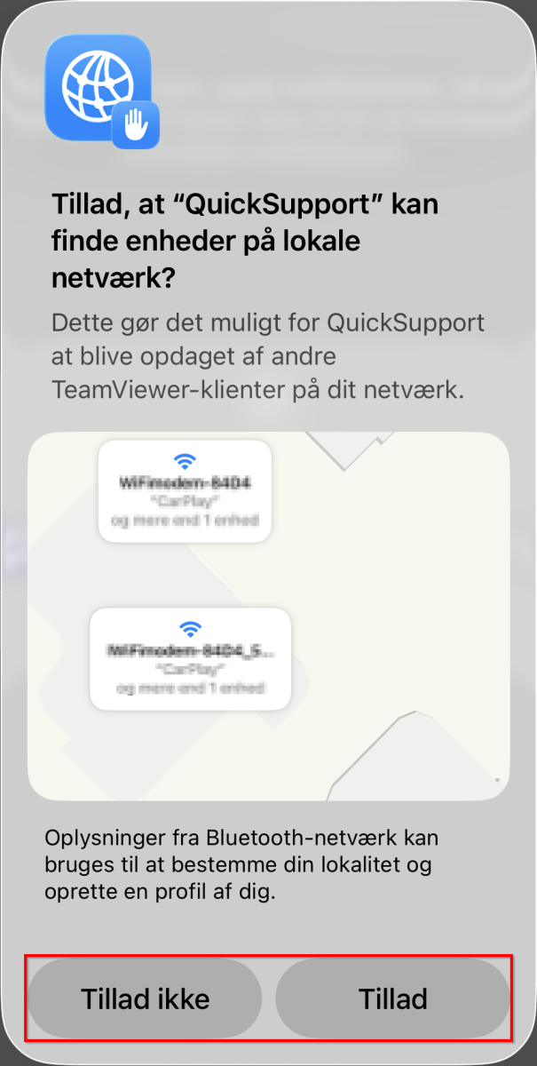 QuickSupport anmoder om tilladelse til at finde enheder på det lokale netværk. Nederst ses knapperne "Tillad ikke" og "Tillad", som er markeret.