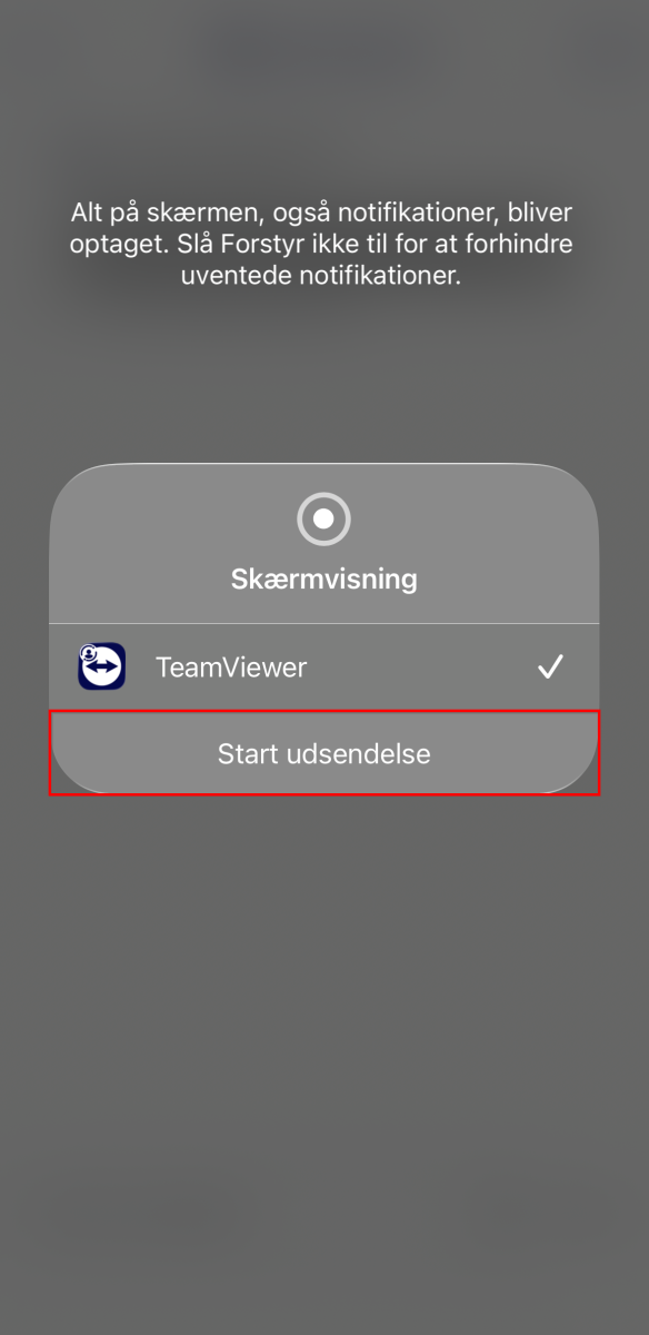 Dialogboks til skærmvisning med TeamViewer hvor knappen "Start udsendelse" er markeret
