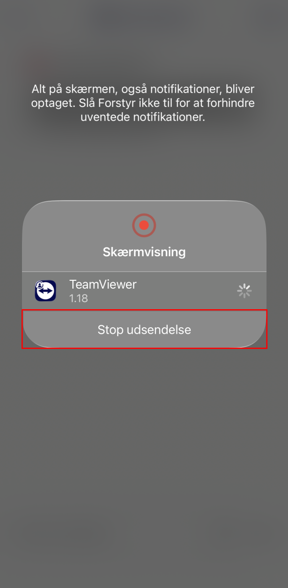 Skærmvisning via TeamViewer er aktiv og knappen "Stop udsendelse" er markeret