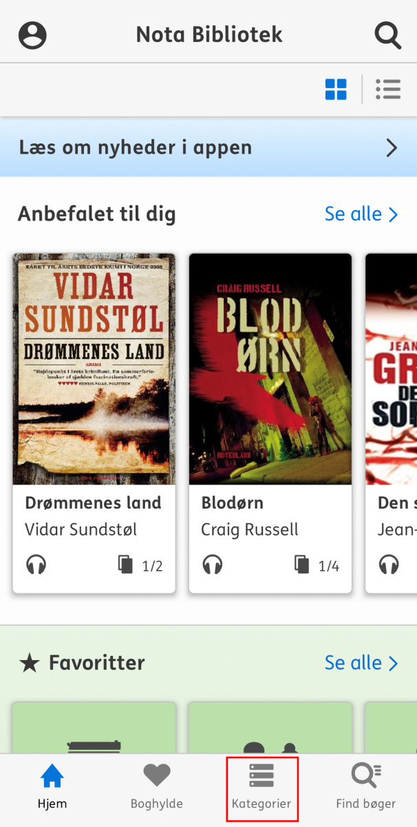 Nota bibliotek appens forside hvor fanen kategorier er markeret