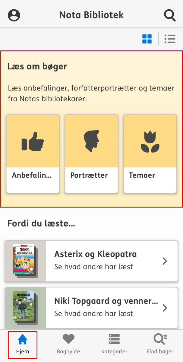 Skærmbillede der viser fanen hjem og sektionen Læse om bøger