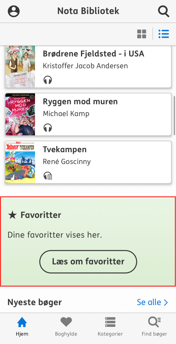 Skærmbillede der viser fanen hjem og sektionen Favoritter 