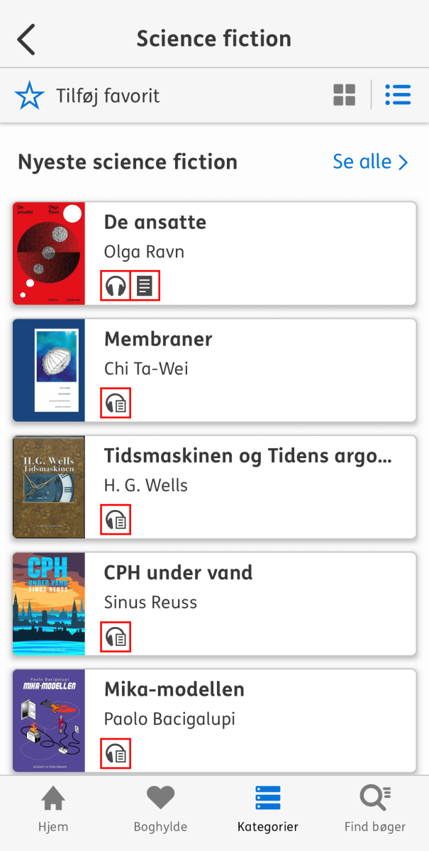 Skærmbillede som viser fanen kategorier og en liste med bøger hvor mna kan se hvilket format bogen er i 