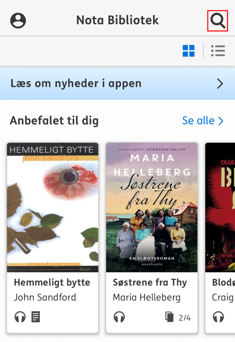 Nota biblioteks appens hjem forside hvor søgefeltet i øverste højre hjørne er markeret