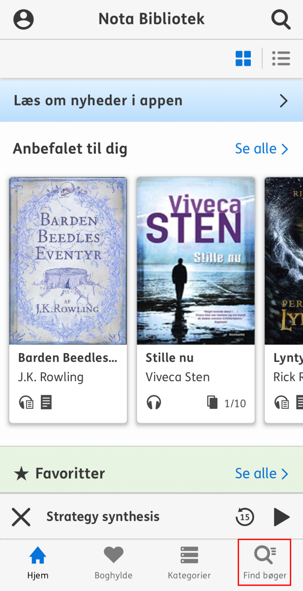 Skærmbillede der viser hvor fanen find bøger ligger henne i Nota Bibliotek 2.0