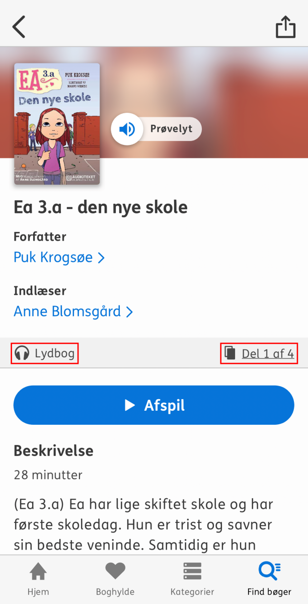 Nota bibliotek appens bogdetaljeside hvor lydbogsikonet er markeret og hvilken del af en serie bogen er i også er markeret