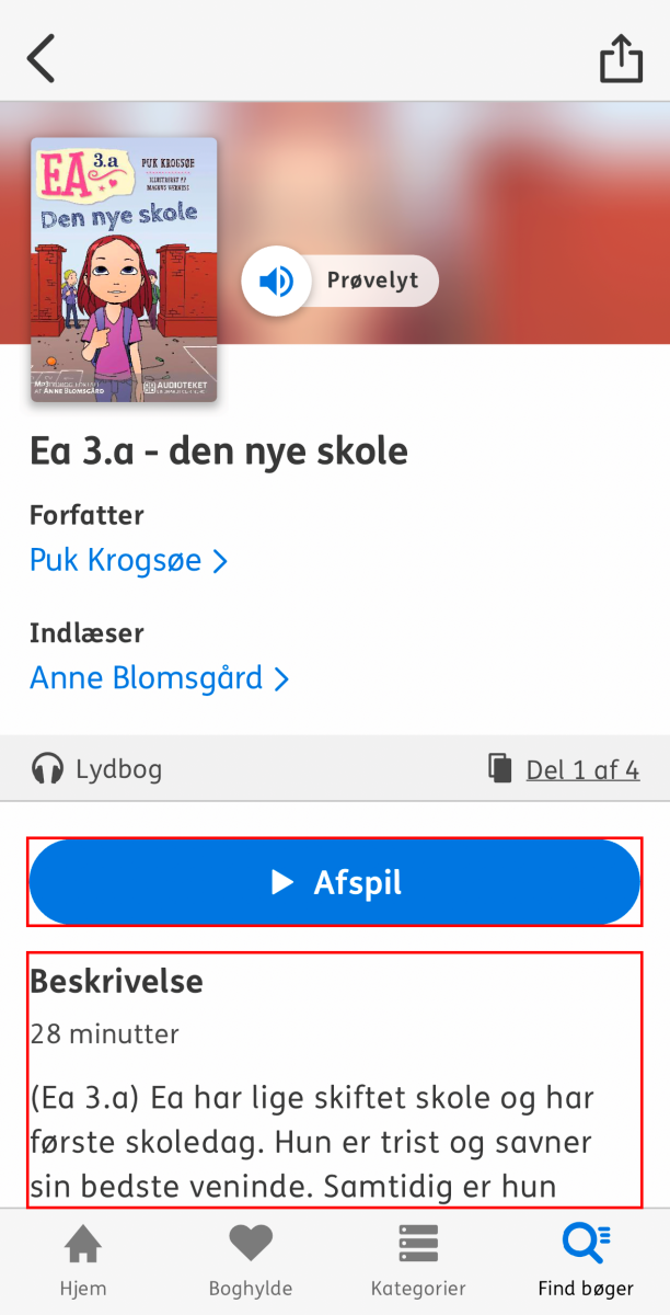 Nota bibliotek appens bogdetaljeside hvor afspilningsknappen er markeret