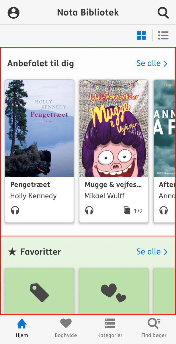 Skærmbillede som viser fanen hjem hvor man kan finde anbefalede bøger og dine valgte favoritter