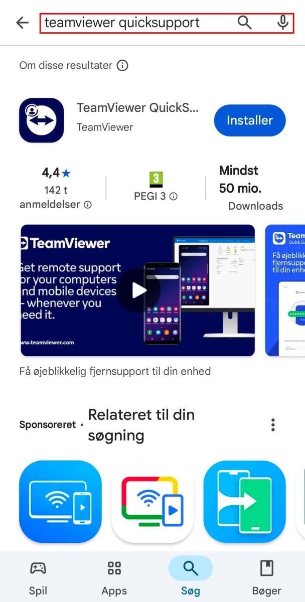 Google Play-søgning efter "TeamViewer QuickSupport". TeamViewer QuickSupport vises med logo, skærmbilleder og knappen "Installer"