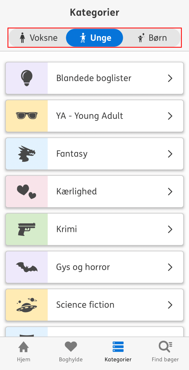 Nota bibliotek appens kategori side hvor målgruppe valgene er markeret 