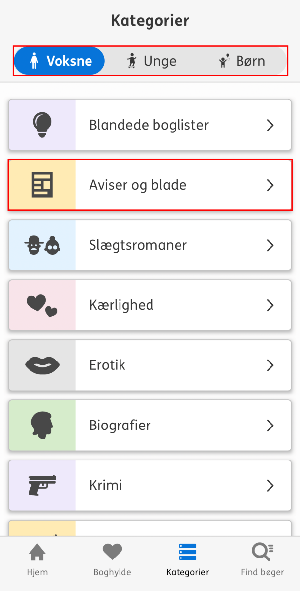 Skærmbillede af fanen "Voksne" og knappen "Aviser og blade"
