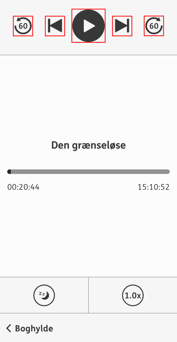 Skærmbillede der viser afspilningspanelet for den valgte bog "Den grænseløse" 
