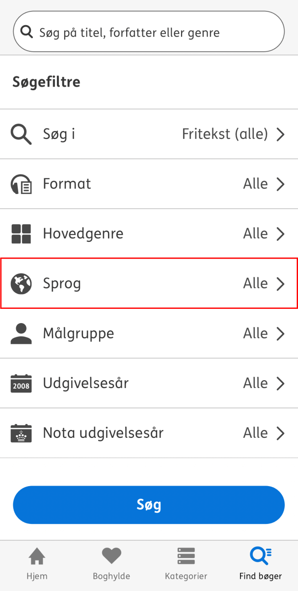 Skærmbillede der viser forskellige søgefiltre valgmuligheder under fanen find bøger 