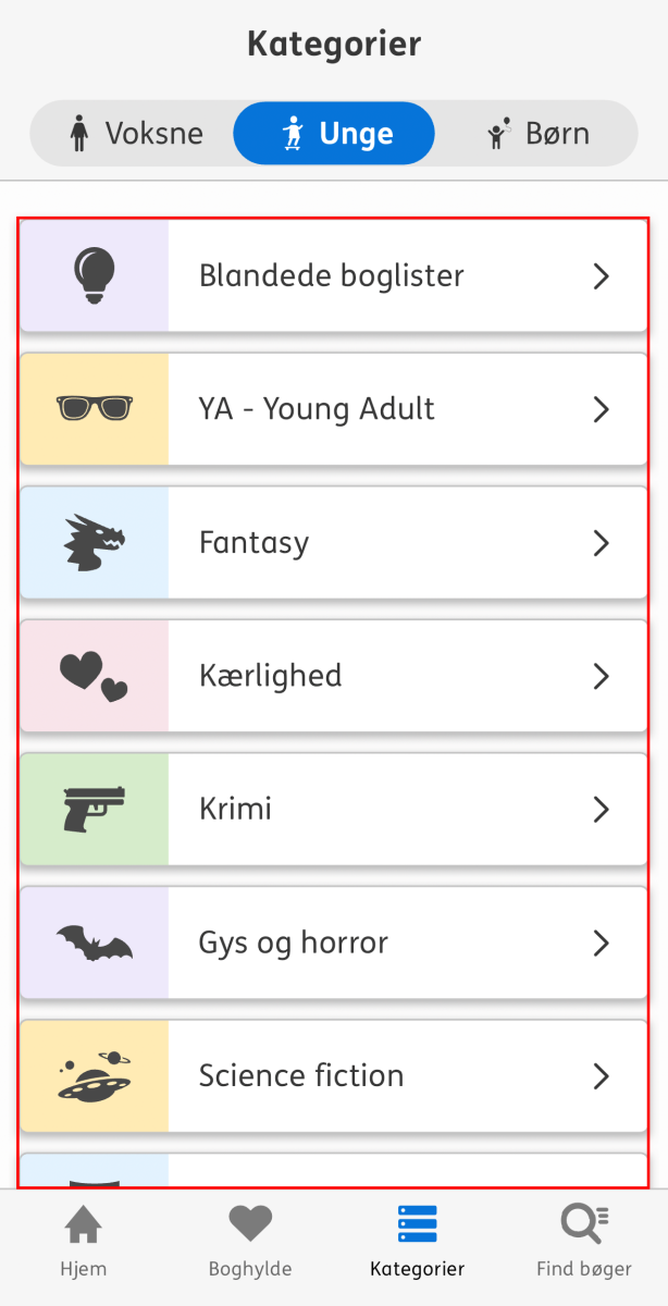 Nota bibliotek appens kategori side hvor de forskellige boglister er markeret