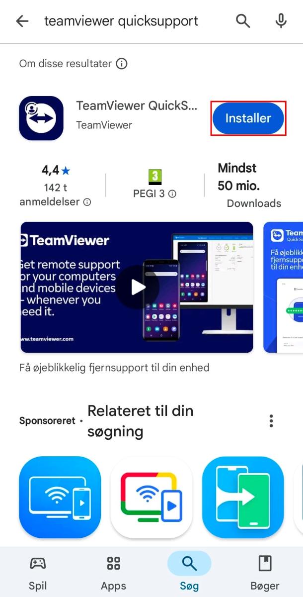 Google Play viser TeamViewer QuickSupport med logo og skærmbilleder. Knappen "Installer" er markeret