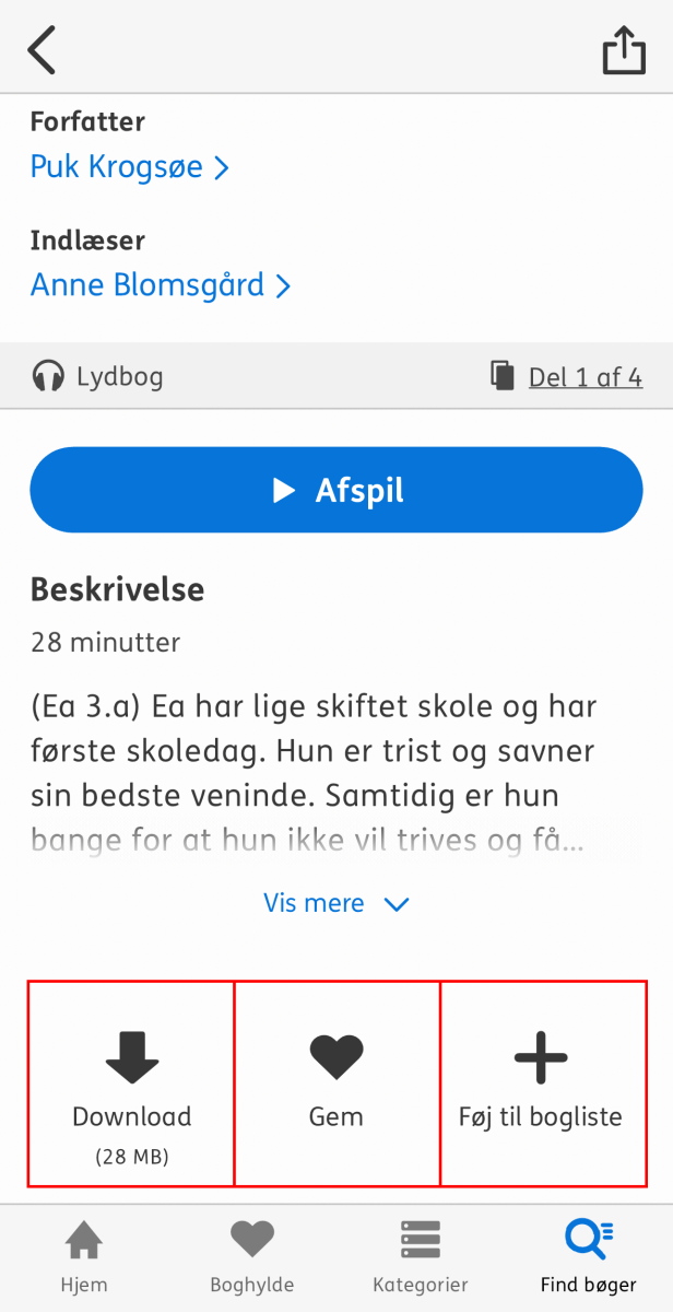 Nota bibliotek appens bogdetaljeside hvor funktionerne download, gem og føj til bogliste er markerett