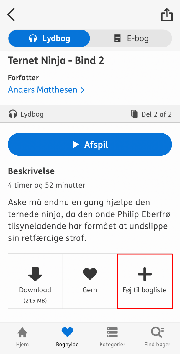 Skærmbillede som viser en bog detalje side og knappen Føj til bogliste