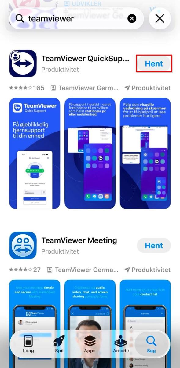 App Store-skærm med navigationsmenu nederst. Fanen "Søg" med lup-ikon er markeret.