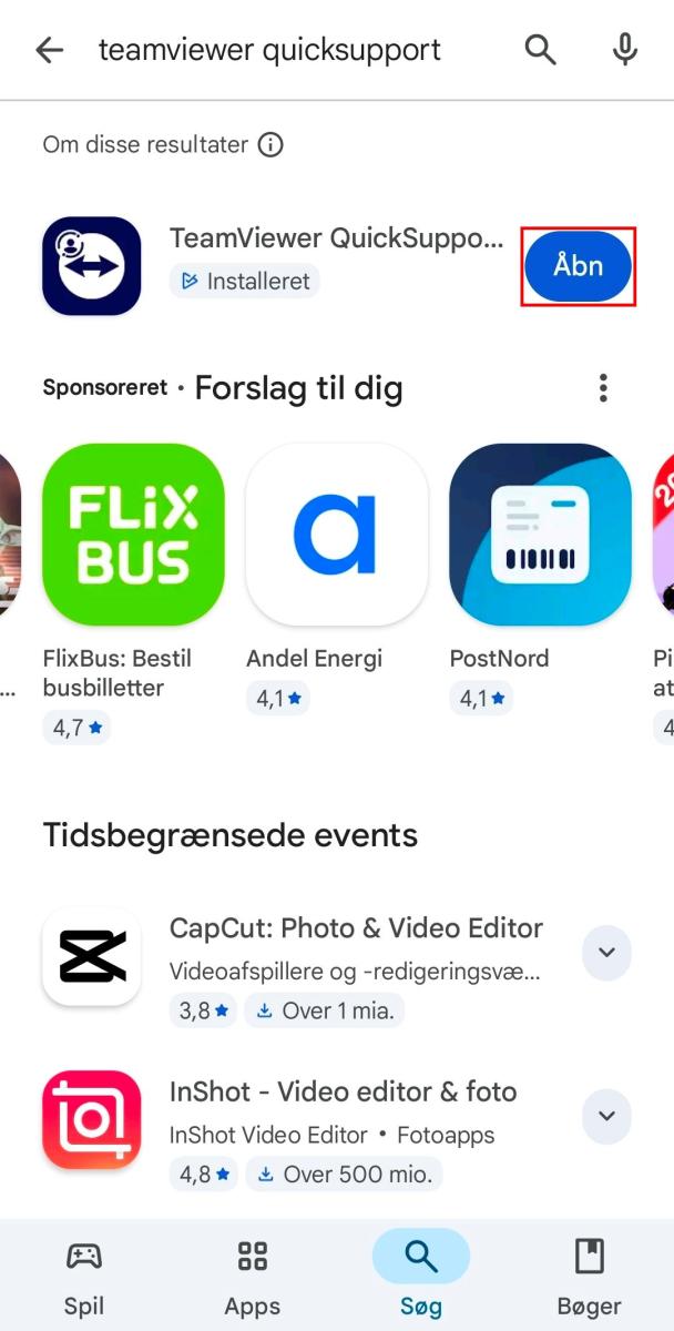 Google Play viser TeamViewer QuickSupport som installeret. Knappen "Åbn" er markeret