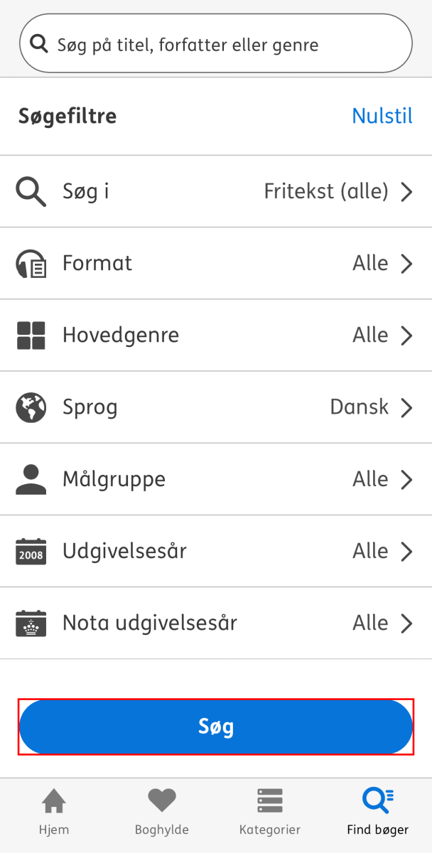 Skærmbillede der viser forskellige søgefiltre valgmuligheder og søge knappen