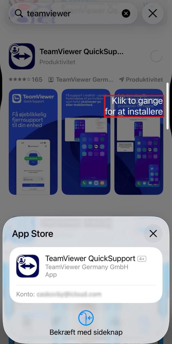 App Store-skærm til installation af TeamViewer QuickSupport. En dialogboks beder brugeren bekræfte installationen med sideknappen.