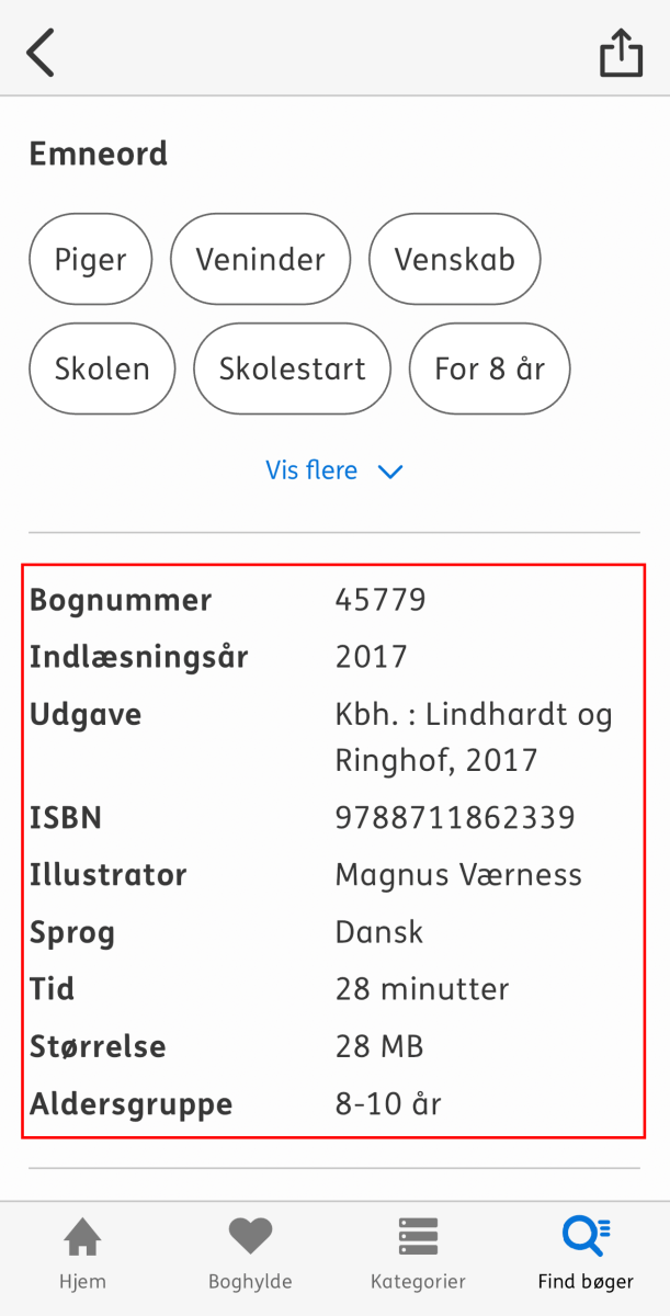 Nota bibliotek appens bogdetaljeside hvor yderligere information omkring den pågældene bog er markeret