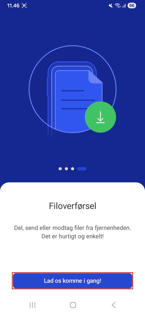 Introduktionsskærm om filoverførsel med illustration af dokumenter og en grøn downloadpil. Knappen "Lad os komme i gang!" er markeret.