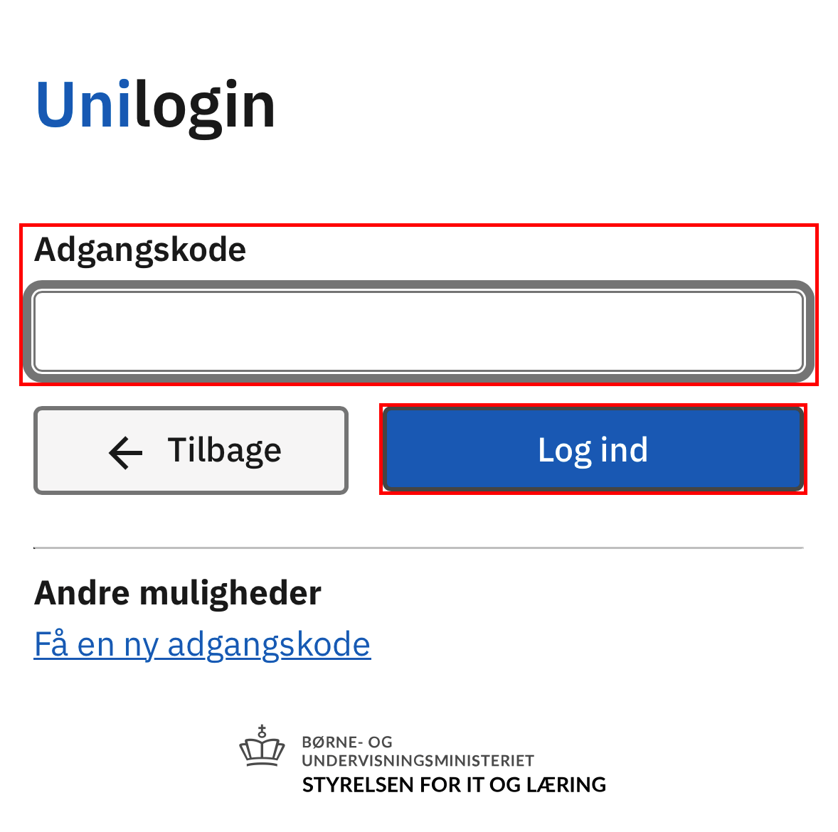 Uni-logins forside med feltet adgangskode til UNI-Login og knappen Login markeret