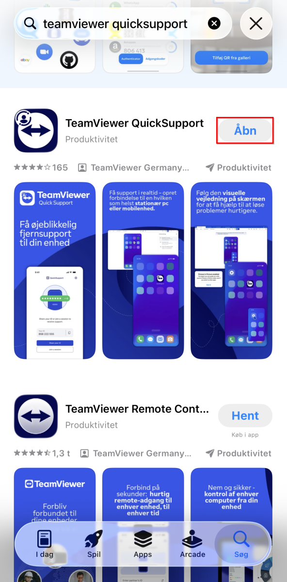 App Store-søgning efter TeamViewer QuickSupport. Appen vises øverst med QuickSupport-logo og skærmbilleder samt knappen "Åbn".