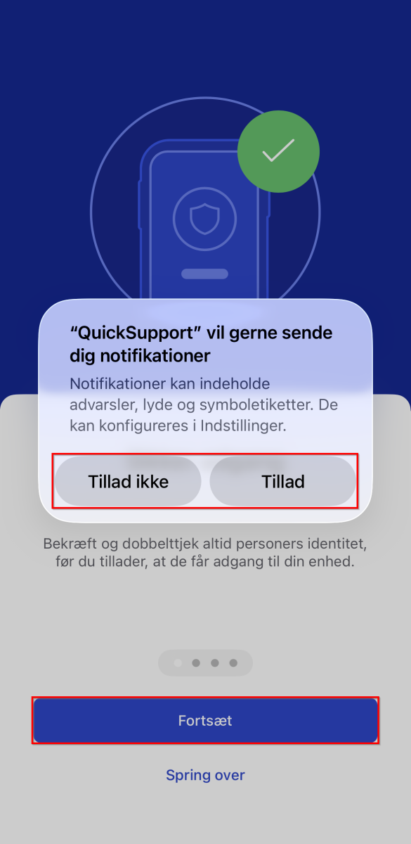 QuickSupport viser en dialogboks om tilladelse til notifikationer med knapperne "Tillad ikke" og "Tillad".