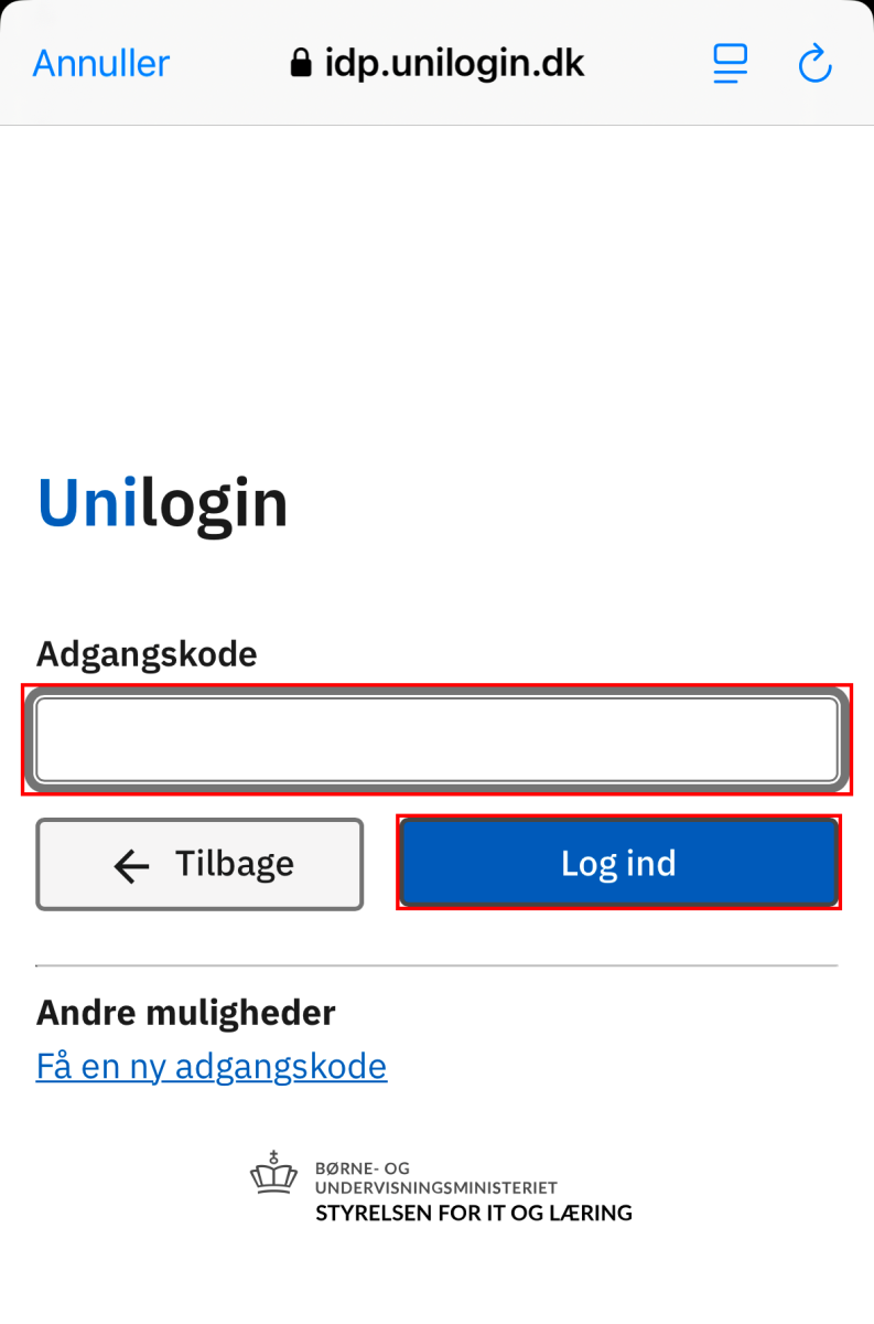 Skærmbillede af Uni-logins forside med feltet adgangskode til UNI-Login og knappen Login markeret