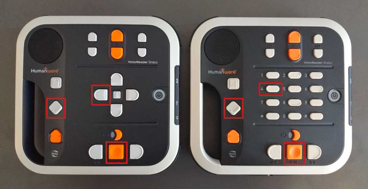 Placering af knapperne bogmærke, 4, venstre og start/stop på en VictorReader Stratus med navigeringstaster og med numerisk tastatur