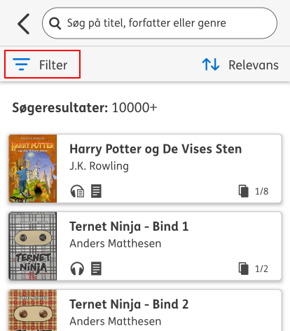 Skærmbillede af søgeresultatsiden, hvor knappen Filter er fremhævet.