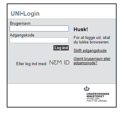 Skærmbillede af UNI-login formular