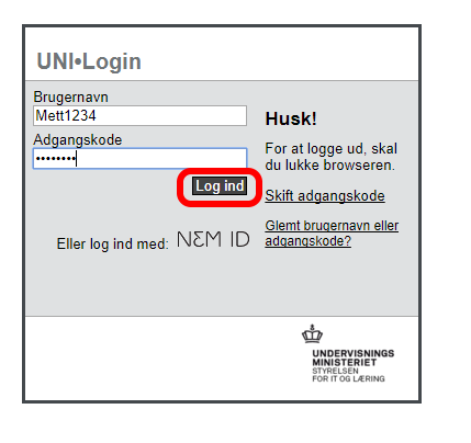 Skærmbillede af UNI-login-formular