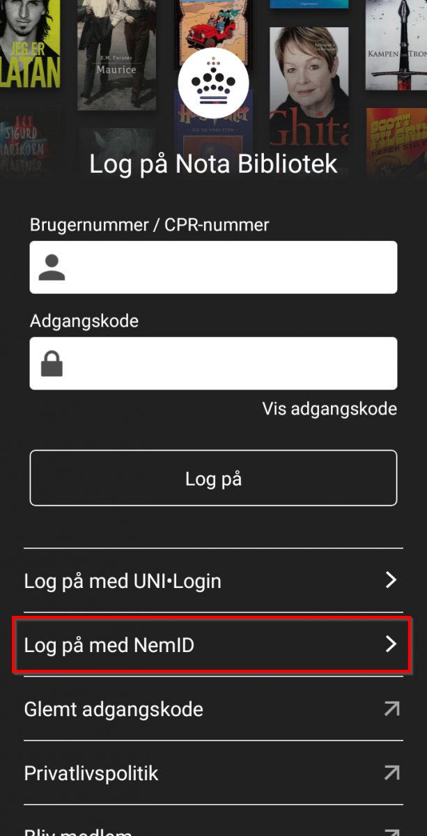 Skærmbillede der viser placeringen af knappen Log på med Nem ID