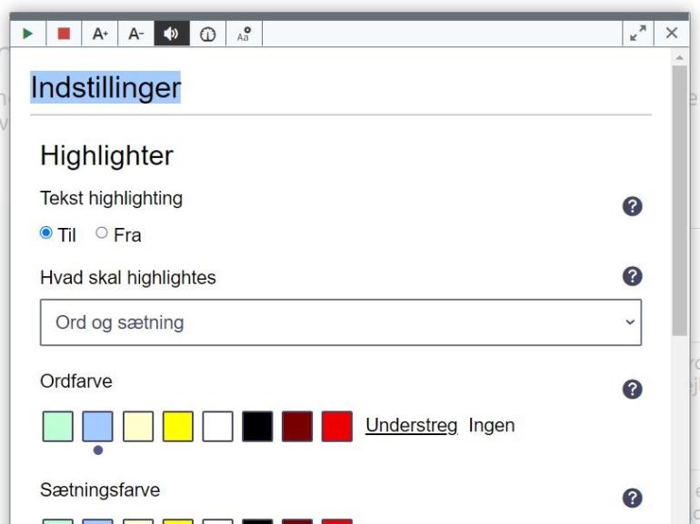 Billede af indstillingsmuligheder: highlighter, ordfarve og sætningsfarve