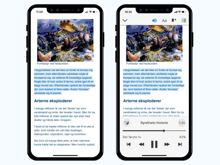 Skærmbilleder der viser e-bogslæseren i fokuseret læsetilstand og med oplæsning slået til.