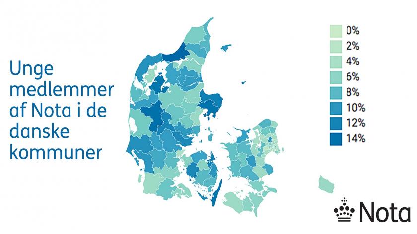 Danmarkskort, der viser den procentvise andel af unge, der er indmeldte i Nota, i de forskellige kommuner.