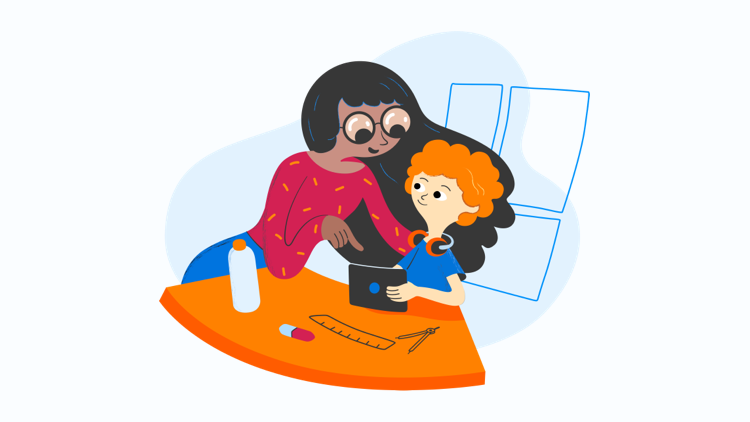 Illustration af en skolesituation hvor en lærer hjælper en elev noget noget på en tablet.