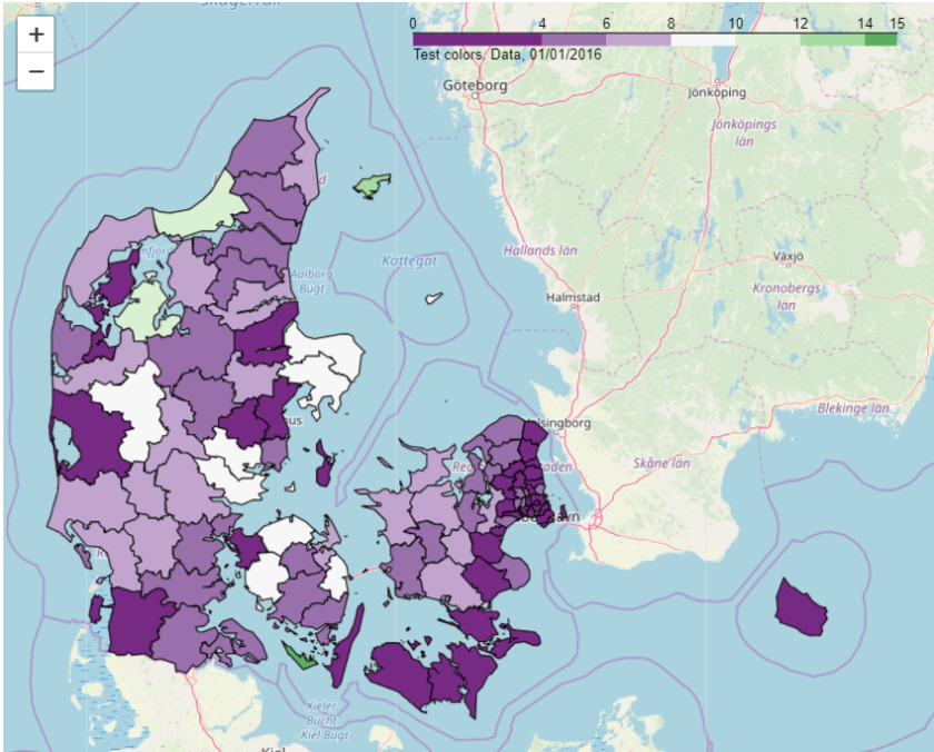 Danmarkskort med farvekoder, der indikerer Notas medlemsfordeling i landets kommuner.