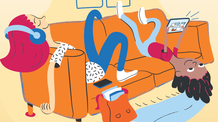 Logo for Læsetid for forældre med to børn der sidder i en sofa og læse og lytter til digitale bøger