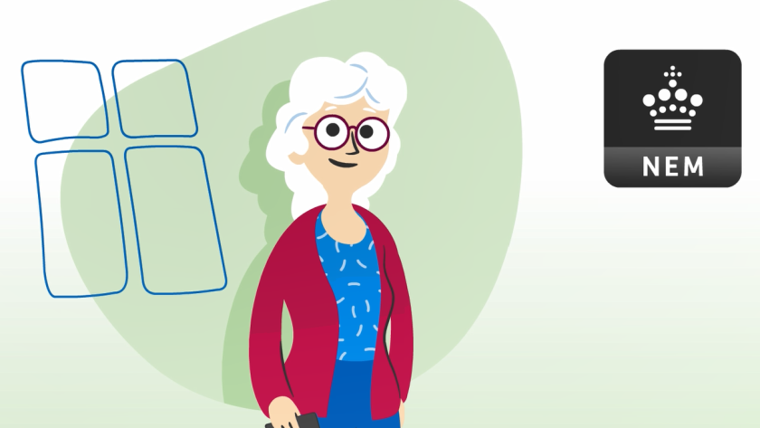 Illustration af ældre kvinde med telefon i hånden. knappen til Nota Nem vises til højre for hende.